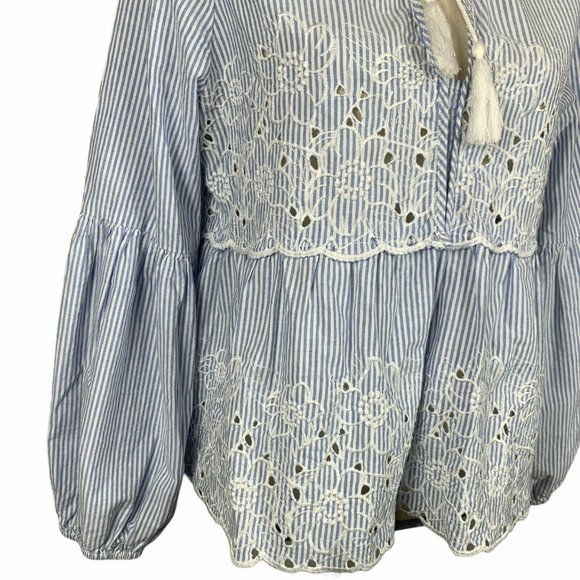 CeCe Cottage Core Crop Top Womens M Boho Puff Sleeve Striped Embroidery - Picture 7 of 10